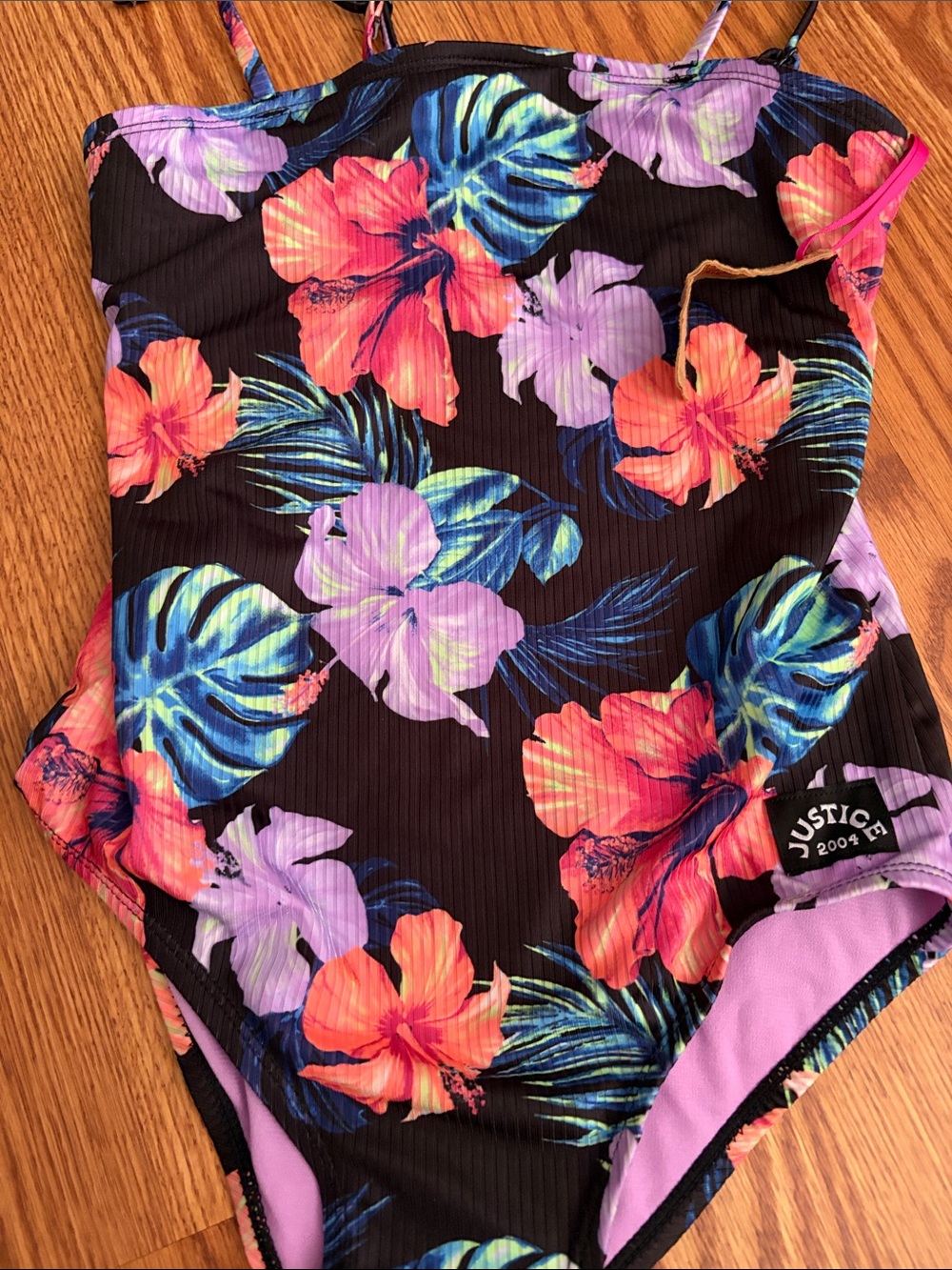 Justice Black One-Piece Swimsuit with Neon Floral Print